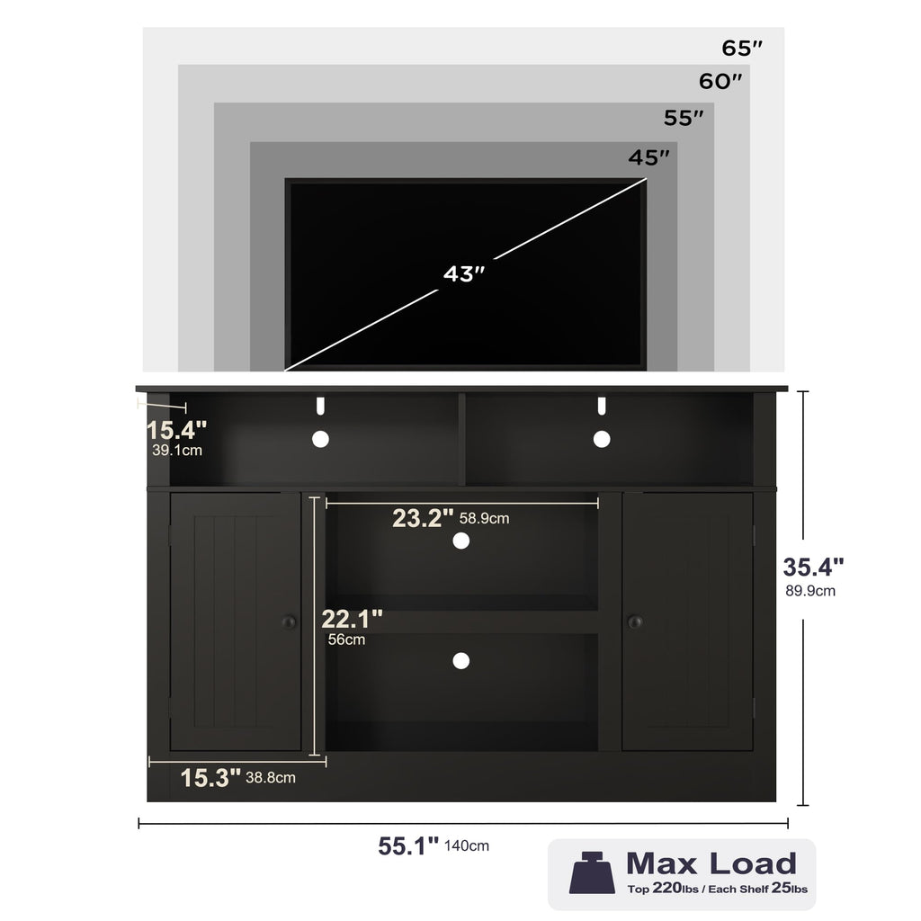 Farmhouse TV Stand for 65 in TV, Modern Entertainment Center, Black