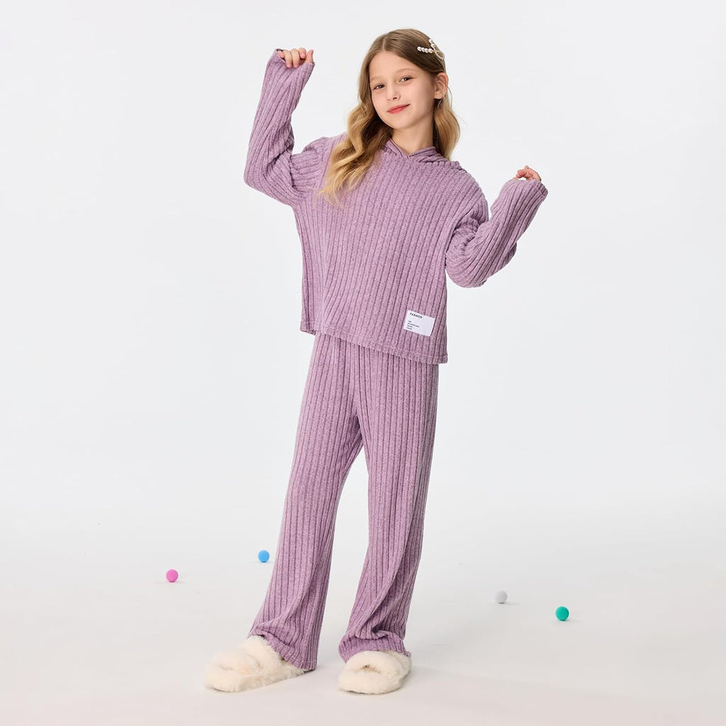 2 Pieces Outfits Lounge Set Knit Hoodies Flare Pants Sweatshirts and Sweatpants Kids Tracksuits