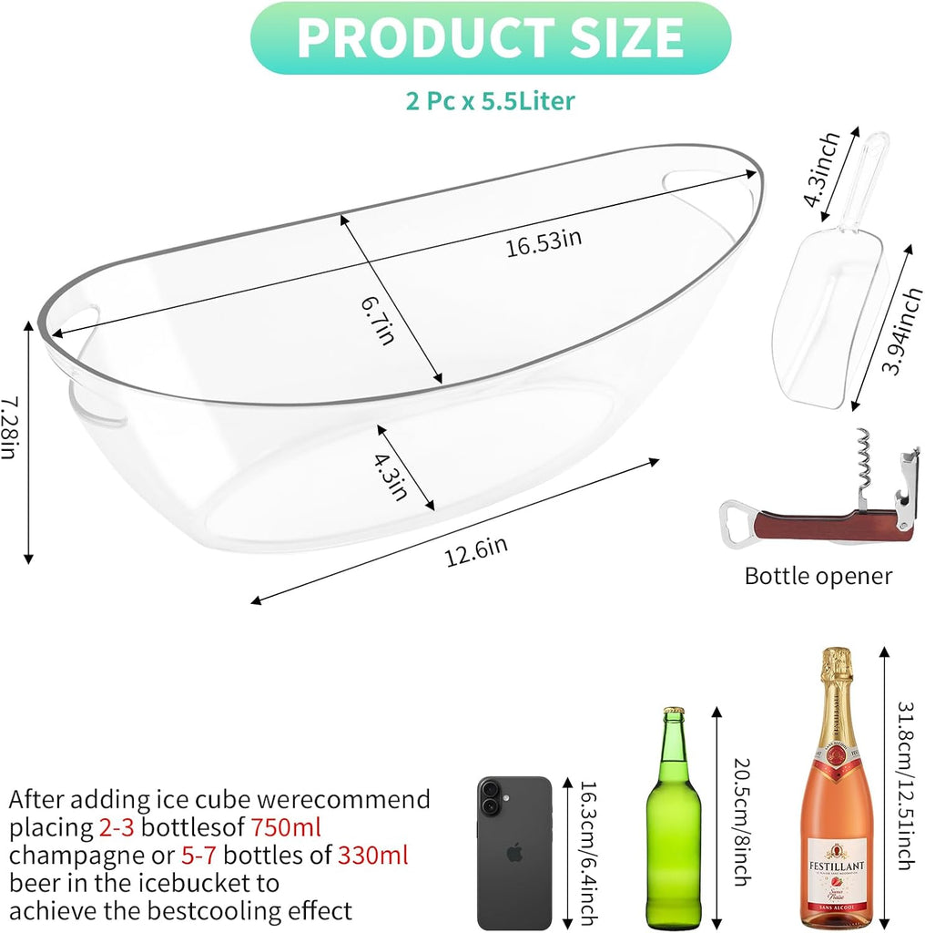 Ice Buckets for Parties, 2 Pack 5.5L Clear Acrylic Champagne Beverage Buckets Tub with Scoops & Wine Bottle Opener - Set of 2