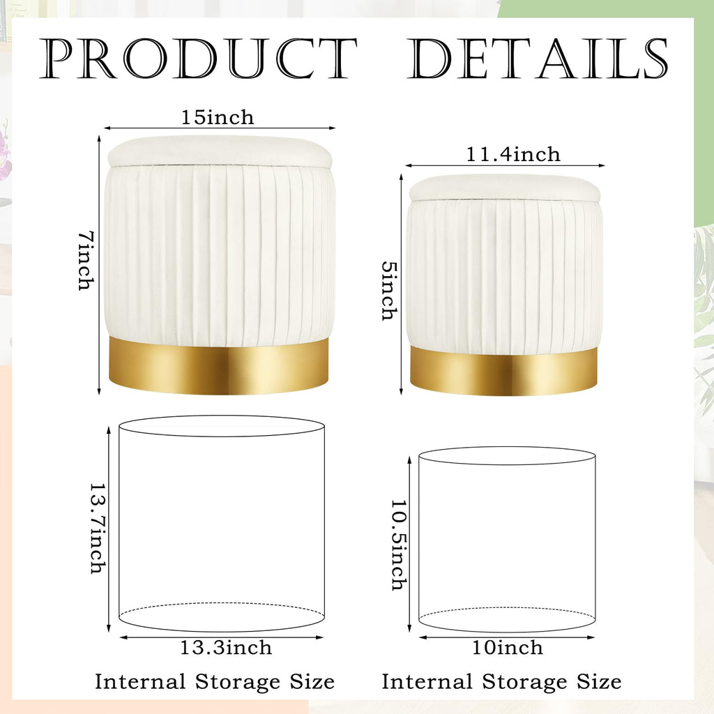 2 Pcs Round Ottoman with Storage White Velvet Storage Ottoman Stool with Removable Lid Gold Base Living Room Bedroom