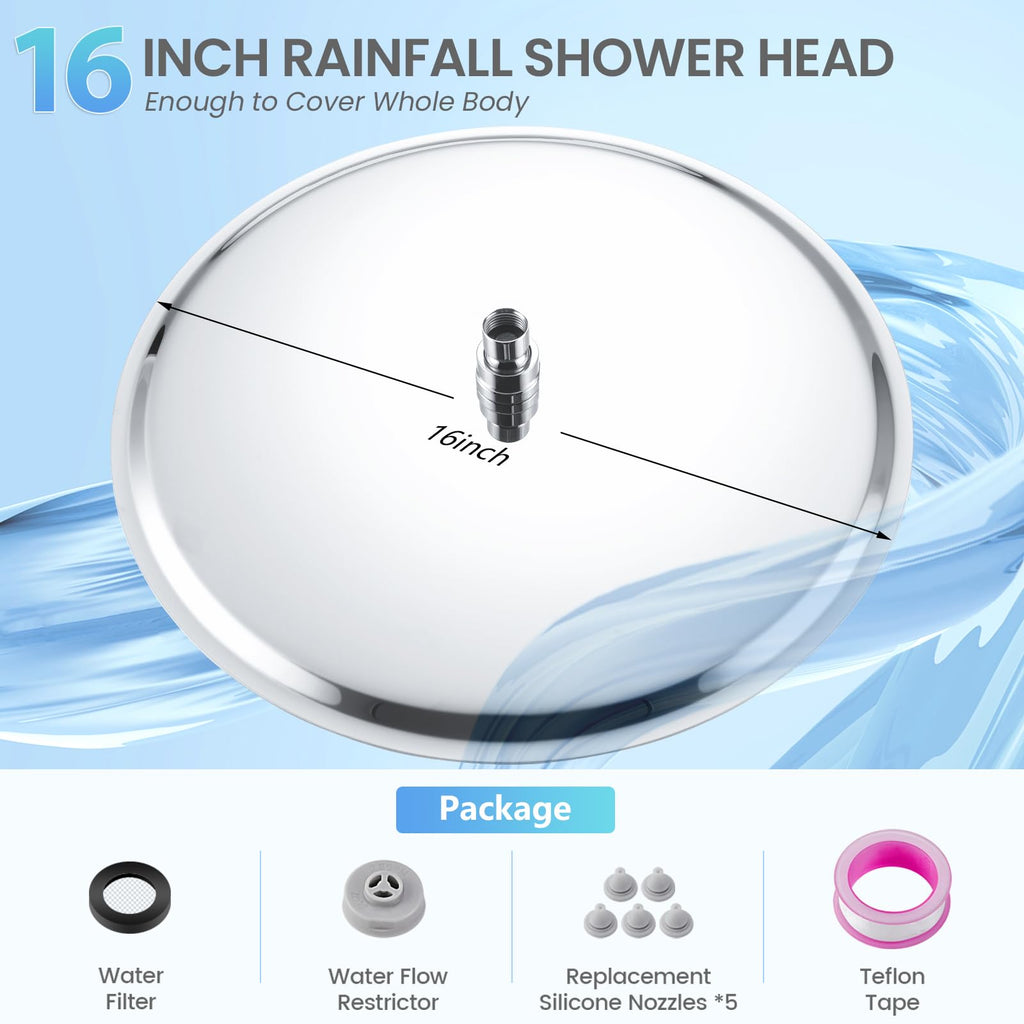 16 Inch Round Rainfall Shower Head Chrome - All Metal Stainless Steel 304, Full Body Rainfall Shower with 230