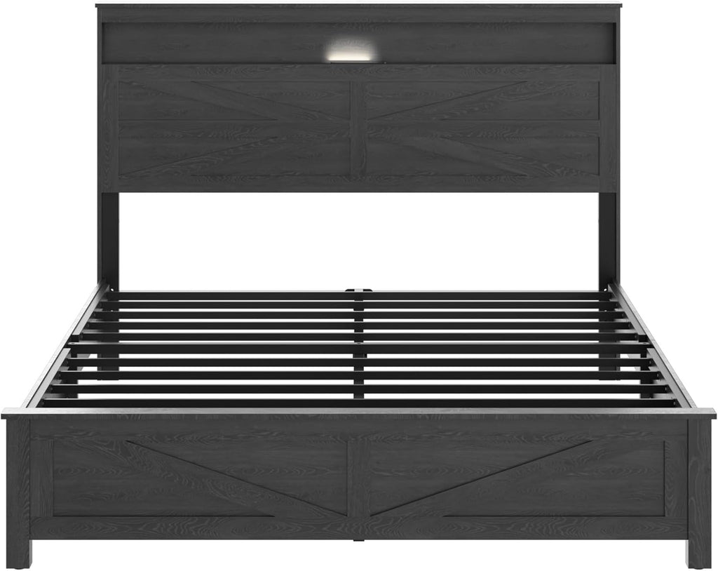 Farmhouse Wooden Bed Frame Queen with Storage Headboard, Boho Platform Bedframe with LED Lights and Charging Station