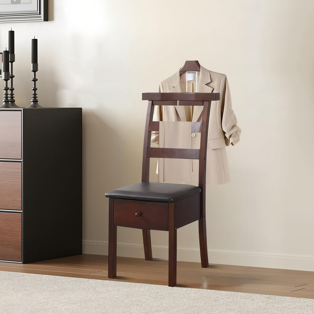Chair Valet With Drawer and Tray for Men Women's Clothes, Watches Keys Wooden Suit Rack Valet Stand, With Contour