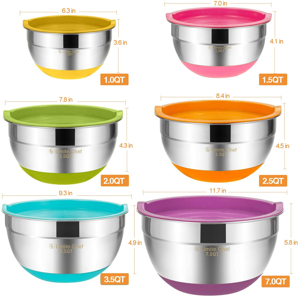 Mixing Bowls with Airtight Lids, 6 Piece Stainless Steel Metal Bowls, Measurement Marks & Colorful Non-Slip Bottoms