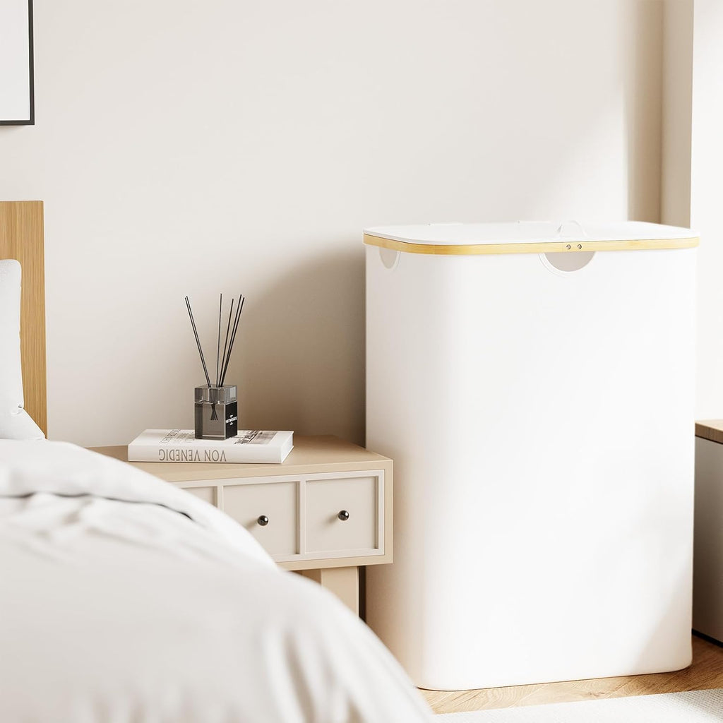 Double Laundry Hamper 2 Section with Lid and Removable Laundry Bags, 160L Clothes Basket with Bamboo Handles, Large