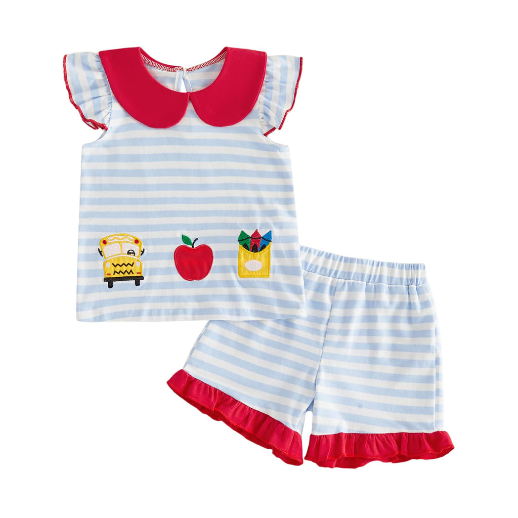 Little Girl Back To School Outfit Apple Pencil Embroidered Striped Peter Pan Collar Fly Sleeve Tops and Shorts Set