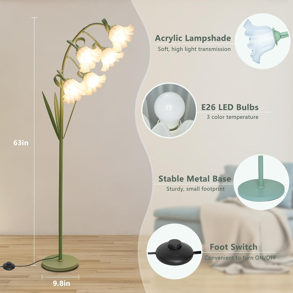 Flower Floor Lamp, Arc Floor Lamp with 5 E26 LED Bulbs, Cute Green Floral Standing Lamp with 3 Color Modes, Foot