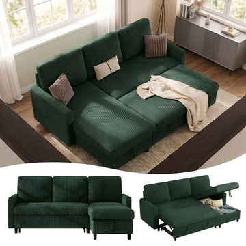 70'' Sleeper Sofa Bed with Storage, Convertible Pull Out Couch Futon, Corduroy Fabric L Shaped Sectional Sofa