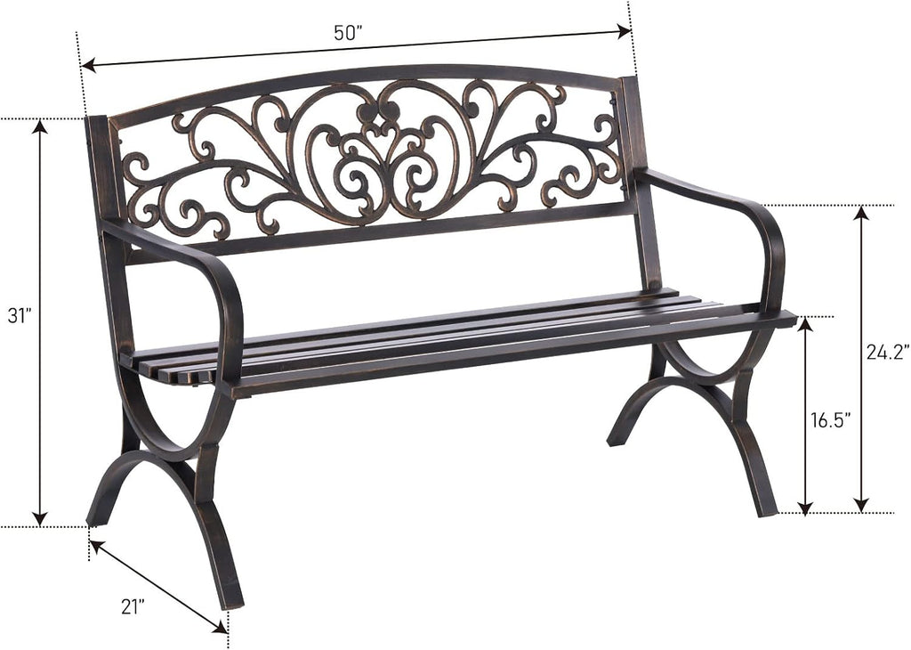 50 Inches Outdoor Garden Bench Cast Iron Metal Frame Floral Bronze | E-Coating Anti-Rust Finish, Weatherproof Outdoor
