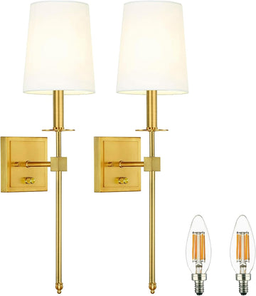 Gold Wall Sconces Set of Two, Farmhouse Sconces Wall Lighting with Dimmer ON/Off Switch, Hardwired Brushed Brass Wall