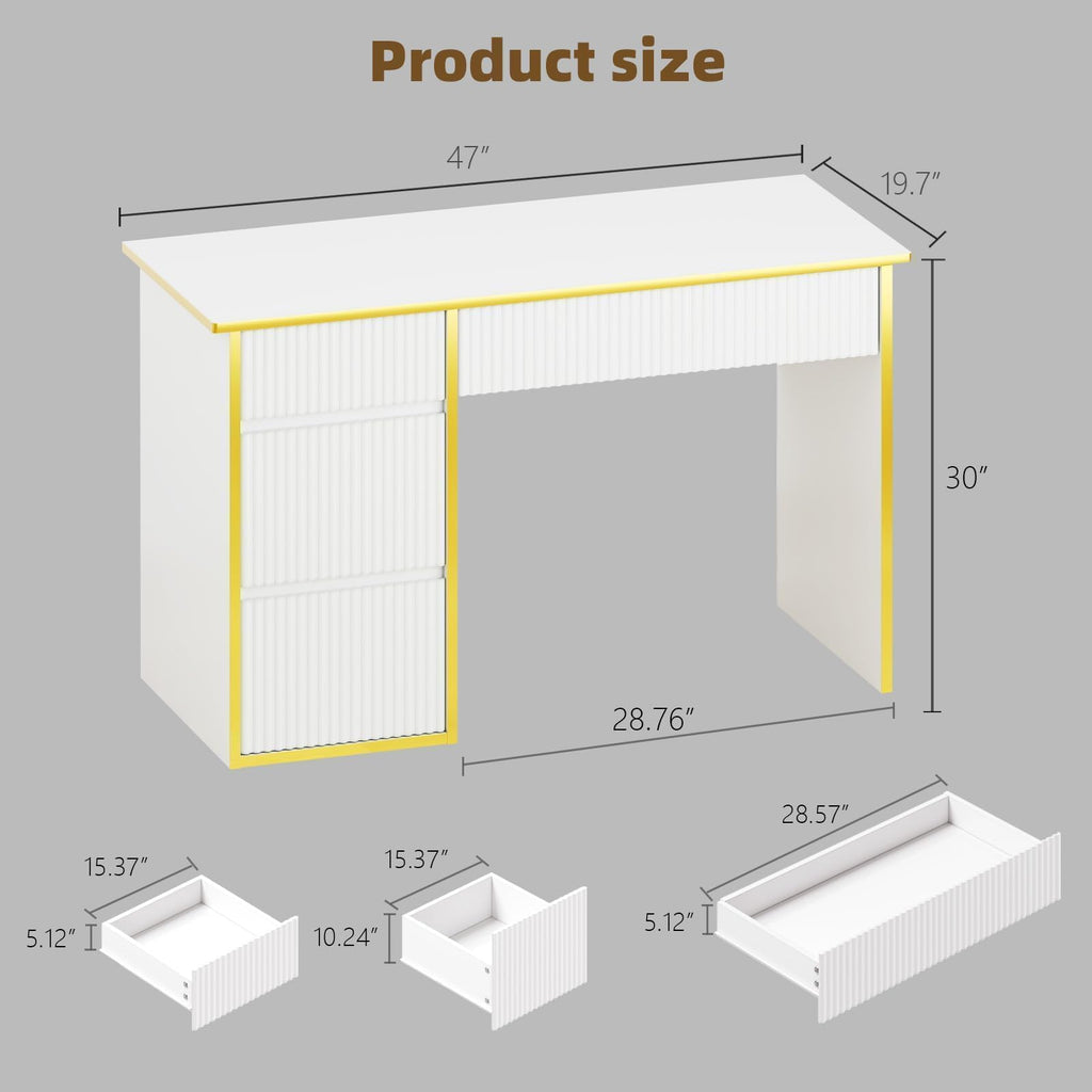 47-Inch Fluted Computer Desk with 4 Drawers, White and Gold