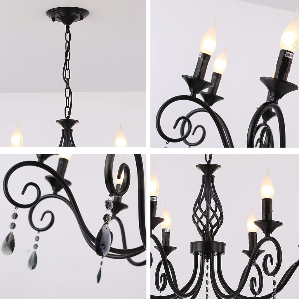 Chandeliers,8-Light French Country Crystal Candle Chandelier,Industrial Black Vintage Pendant Light Fixture Hanging Lights for Living Room Kitchen Dinner Room Island Kitchen A109-B07ZFJM84Z