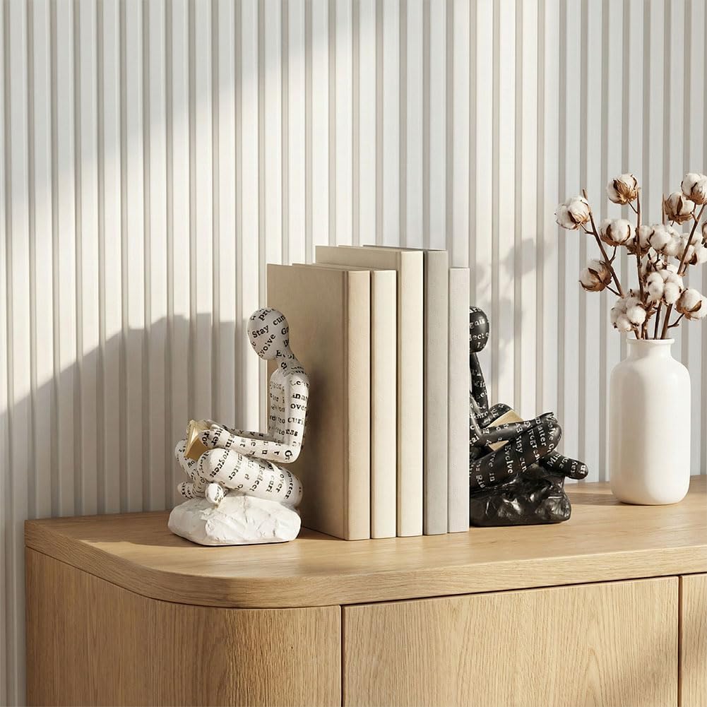 Ends for Heavy Books Set of 2, Modern Abstract Thinker Book Ends for Shelves and Desk - Resin with Non-Slip Pads