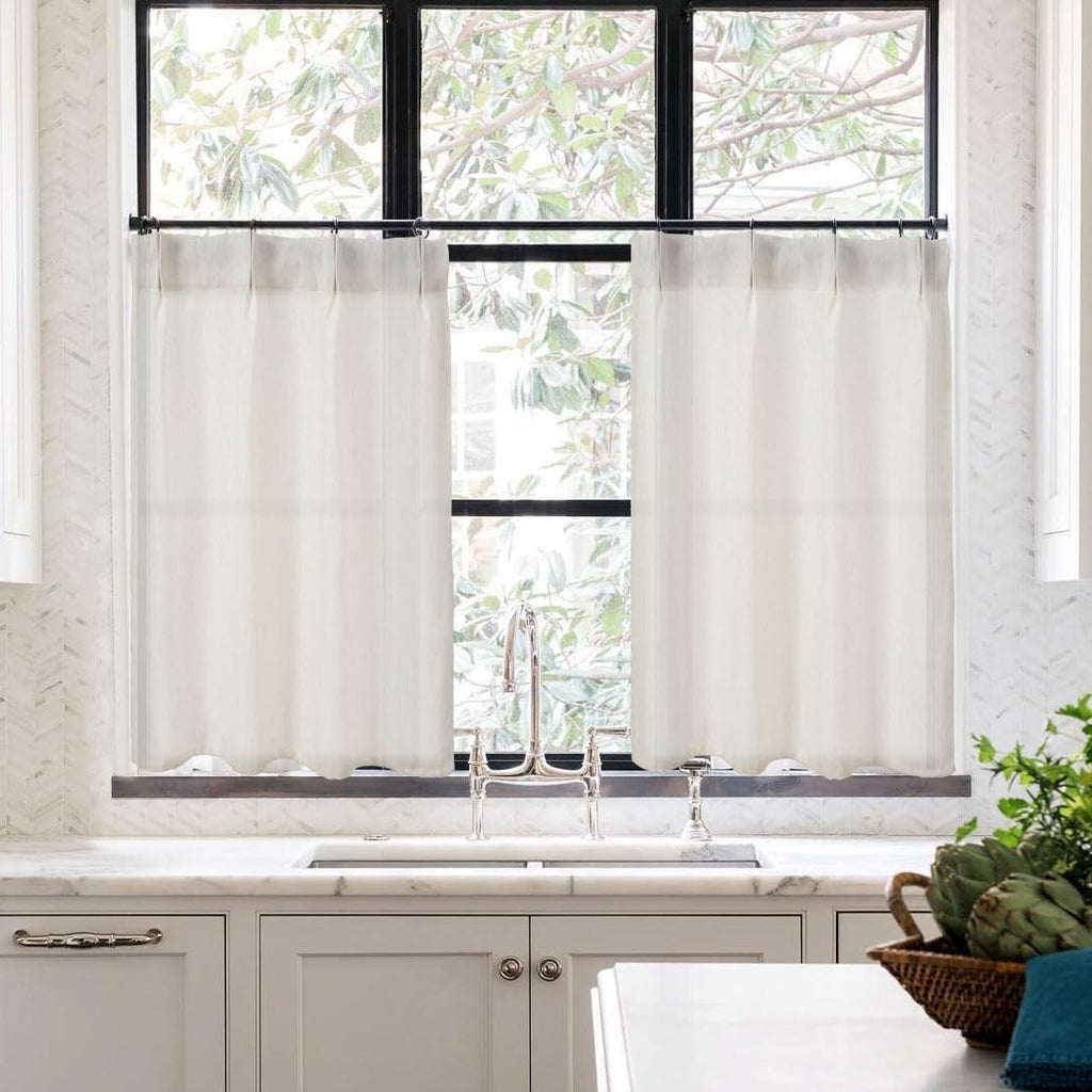 Pinch Pleat Cafe Curtains 24 Inch Length for Kitchen Window Over Sink, Cream Linen Light Filtering Sheer Farmhouse