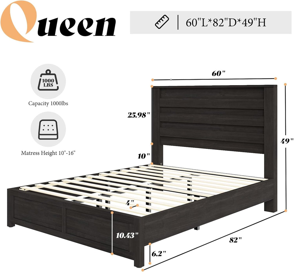 Farmhouse Queen Bed Frame with 49" Tall Headboard, Platform Bed with Natural Wood Grain, No Box Spring Needed/Noise