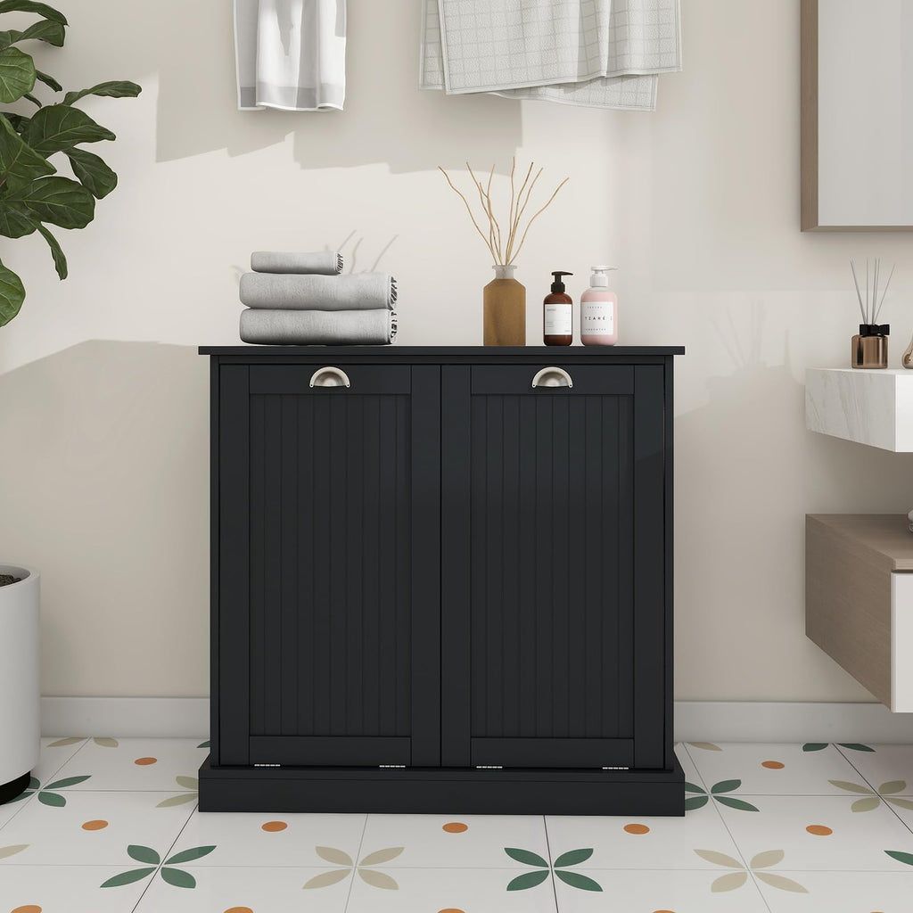 Tilt Out Laundry Hamper Cabinet with Removable Basket, Double Hidden Laundry Hamper Cabinet, Wood Bathroom Storage