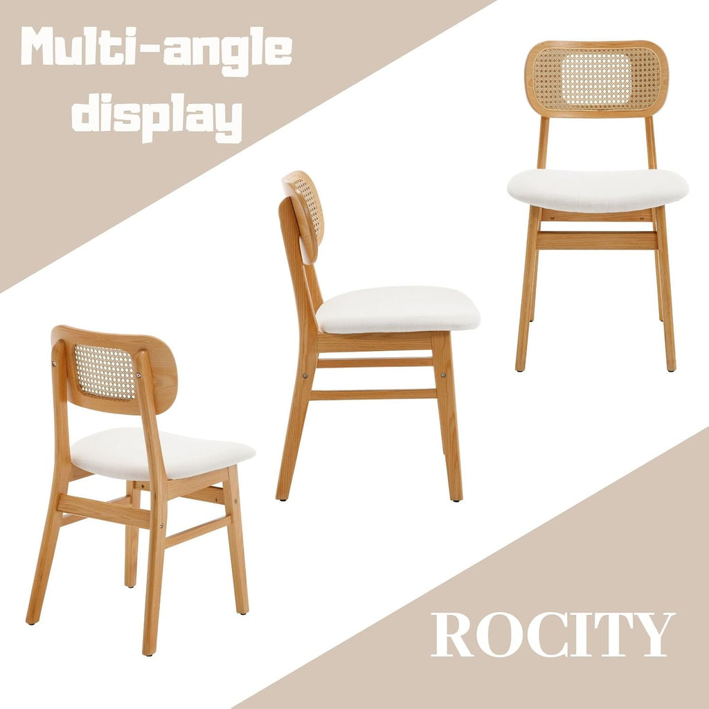 Rattan Dining Chairs Set of 2 Beige Linen Fabric Dining Room Chairs Natural Wooden Kitchen Chairs Farmhouse Boho
