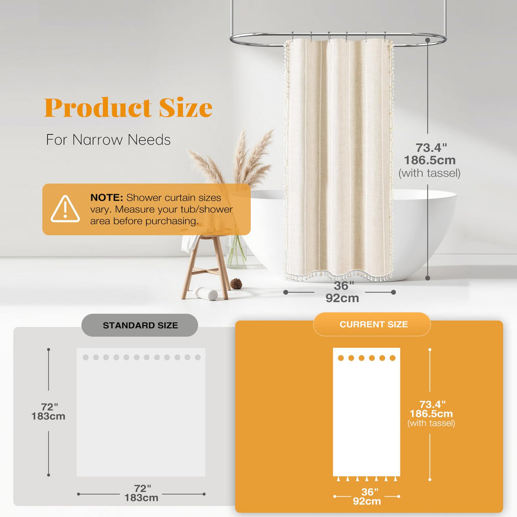 Small Boho Linen Heavy Duty Cloth Shower Curtain, 36x72, Cream/Beige
