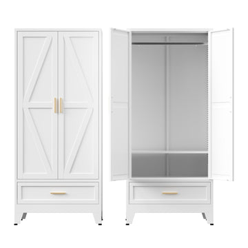 Metal Armoire Wardrobe Closet with Drawer, 71'' Tall Farmhouse Bedroom Armoires with Doors and Hanging Rod