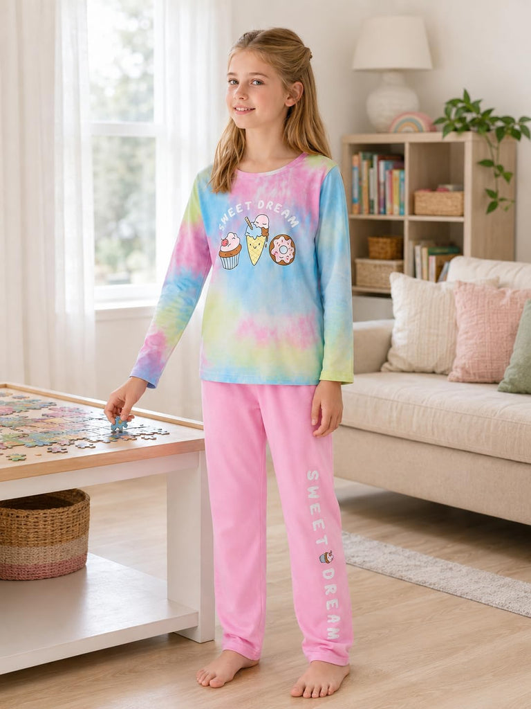 Girls' 100% Cotton Pajama Set, Tie-Dye with Various Prints
