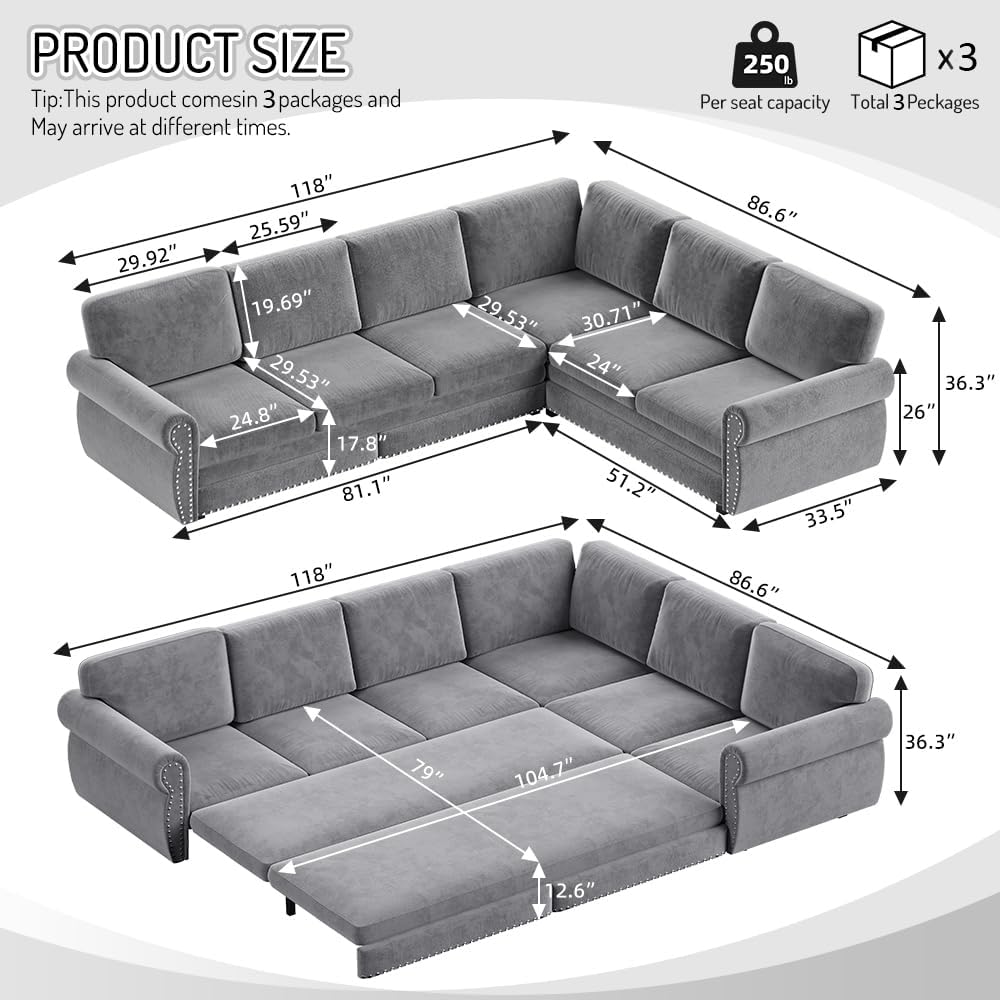 118" Sleeper Sofa Bed, Sectional Couches /Apartment, Chenille L Shaped Couch with Pull Out Couch Bed, Convertible