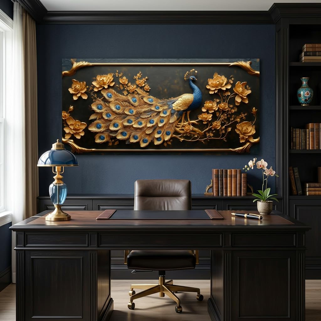 Pretty Peacock Wall Art Office Gold Country Rustic Retro Asian Canvas Painting Prints Golden Vintage Elegant Peackock