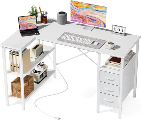 L Shaped Desk with Shelf Drawers 47 Inch, White Corner Computer Desks Gaming with Power Outlet
