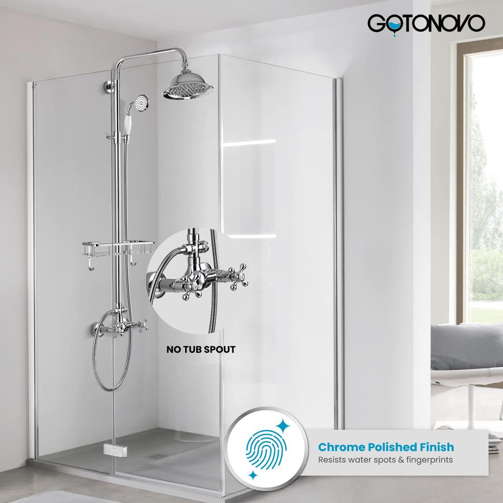 Exposed Shower System 8'' Head Polished Chrome, Shower Shelf