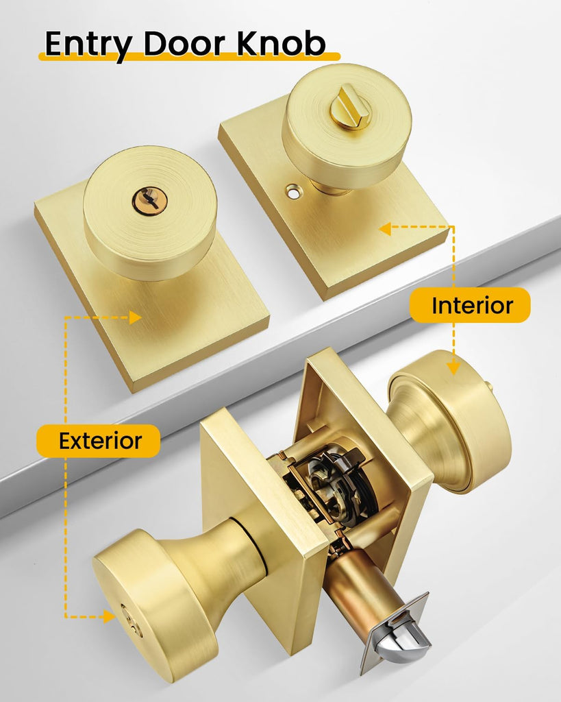 Brushed Gold Exterior Door Knob with Lock and Key 1 Pack