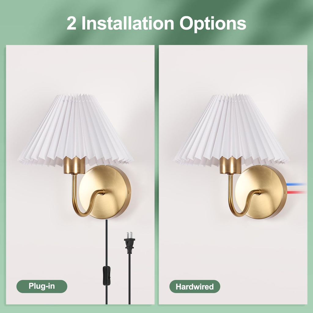 Wall Sconces Sets of 2, Golden Plug in Wall Sconces with Switch for Dresser, Classic Cord Wall Lamp Living Room