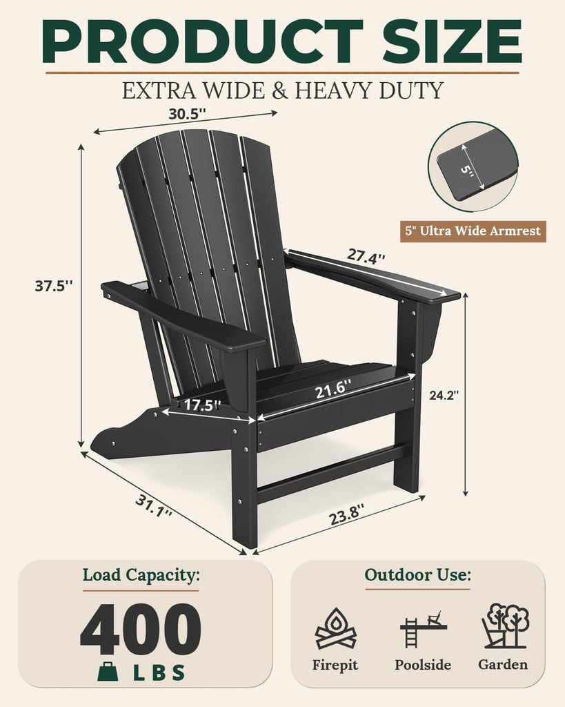 Oversized-Adirondack-Chairs Set of 2 | HDPE | All Weather | Black | 400lbs Maximum Weight Limit, Plastic Fire Pit