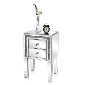 Mirror Nightstand with Drawer, Silver Mirrored Glass End Table, Crushed Diamond Glitter for Small