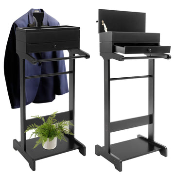 Wooden Valet Stand for Men, Black Suit Valet Stand with Drawer, Suit Rack, Shoe Shelf, Valet Clothes Stand Clothing