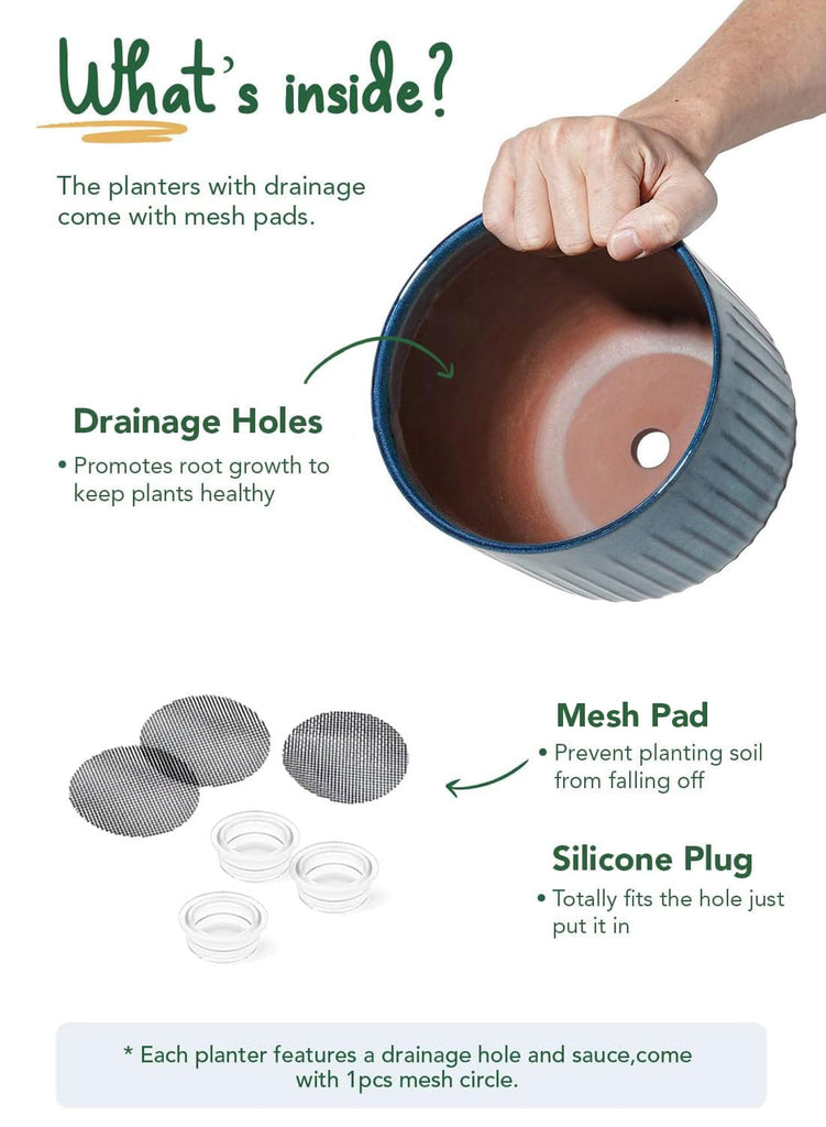 Ceramic Plant Pots, 8.3/7/6 Inch Indoor Planters with Drainage Holes & Mesh, Modern Glossy Glaze Cylinder Fluted
