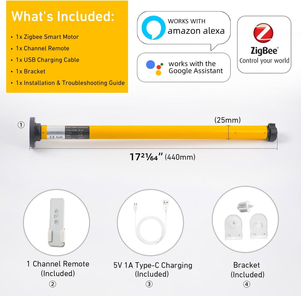 1.5" Zigbee Blinds Motor Rechargeable, Automatic Blinds Opener-No Wiring, Wireless App or Timer Control, Add Shade