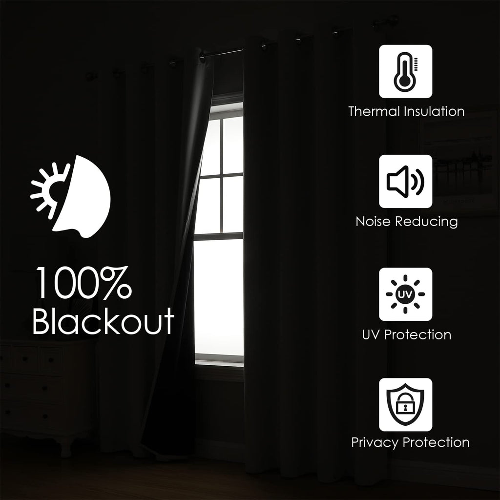 100% Blackout Curtains 63 Inch Long with Black Liner