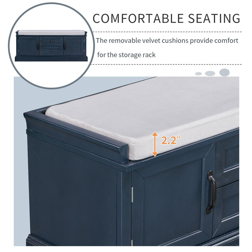 Rustic Storage Bench with 4 Doors 2 Draws Adjustable Shelves Removable Cushion Rectangular Cabinet Foot Rest Stool