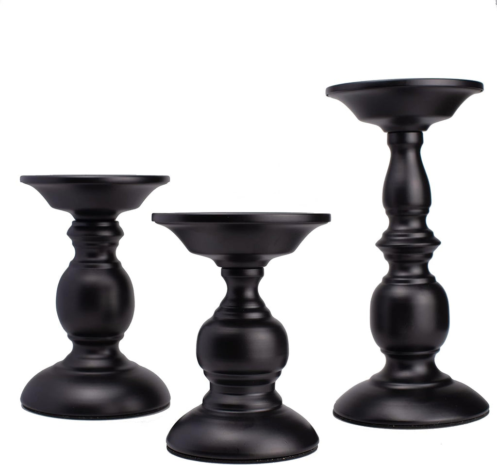 Black Pillar Candle Holders Set of 3, Vintage Candle Holder for Table Centerpiece & Fireplace Decor, Decorative