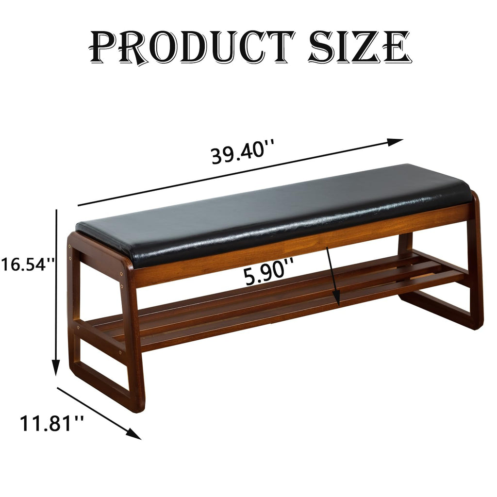 Solid Wood Bench, Entryway Shoe Bench with Cushion, 2 Tier Shoe Storage Organizer (Black, 39.70''L)