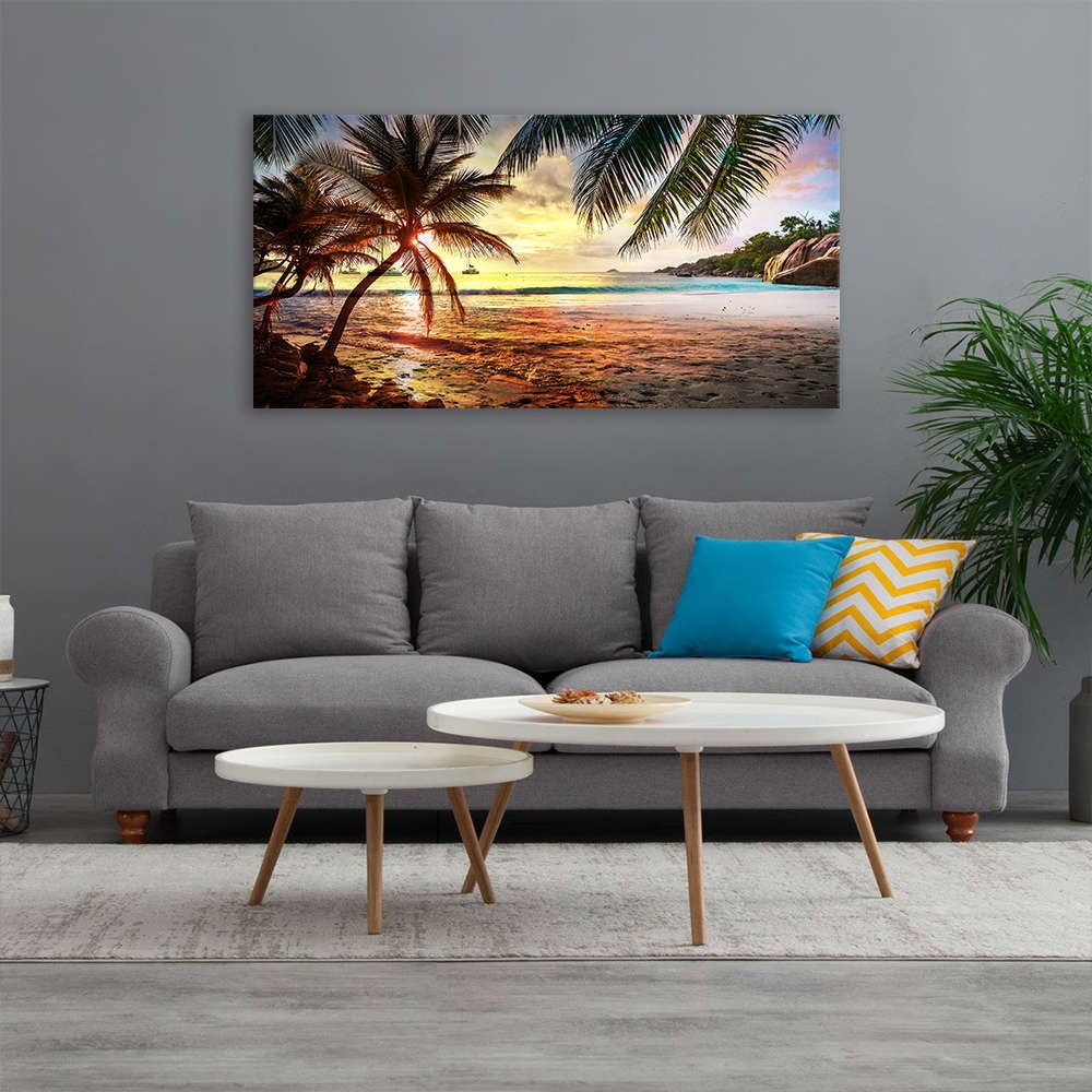 Canvas Wall Art Tropical Palm Tree Summer Ocean Waves Coconut Trees Beach Sunrise Seascape Scenery Painting Nature