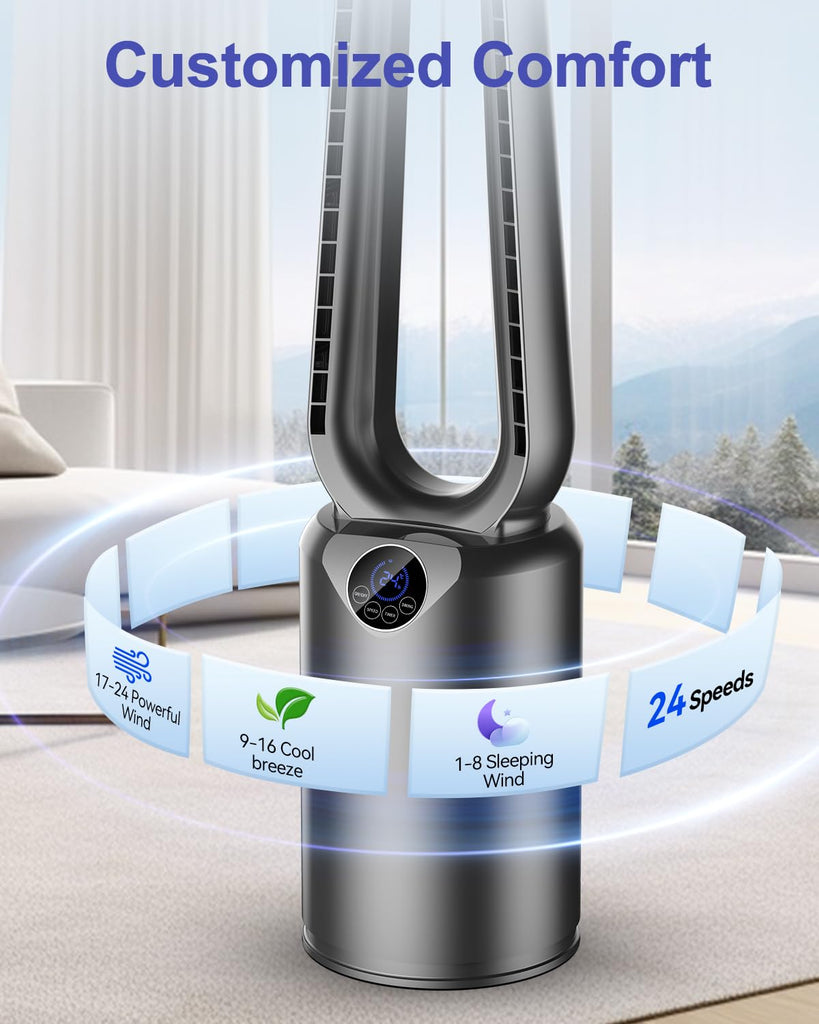 Bladeless Tower Fan with Powerful Airflow, Ultra-Quiet DC Motor (22 dB), 8 Speed Levels & 4 Modes, Remote Control