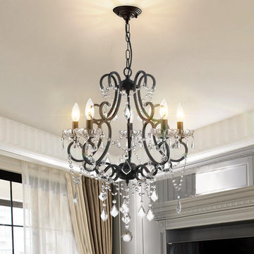 5 Lights K9 Crystal Chandelier, Modern Raindrop Candelabra Pendant Lamp, Candle Ceiling Hanging Lighting Fixture, for Dining Room, Living Room, Black