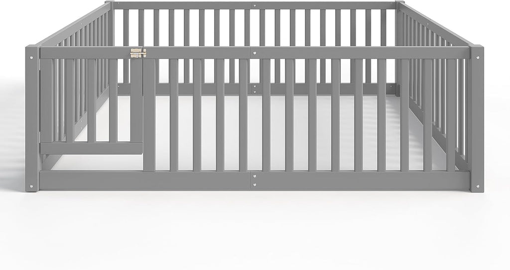Full Size Kids Montessori Floor Bed with Door,Solid Wood Floor Bed Frame with High Fence for Girls,Boys,Gray
