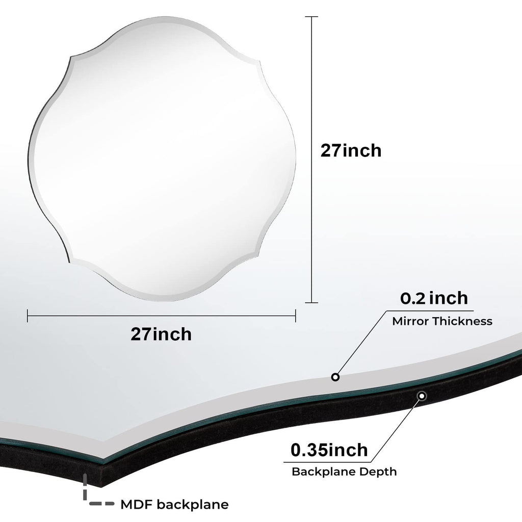 27x27 Scalloped Round Wall Mirror Beveled Frameless Mirror Silver Wall Mirror with MDF Backplane, Vanity, Bedroom or