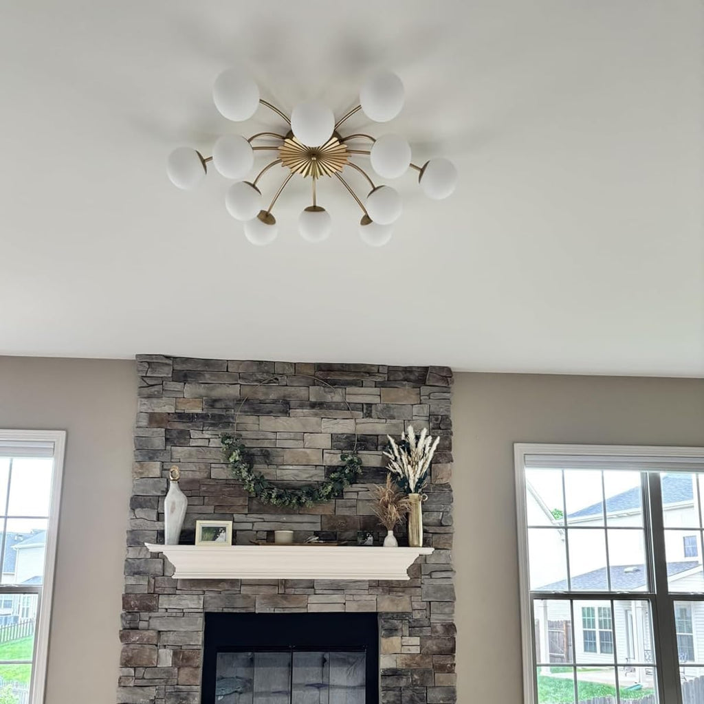 12-Light Sputnik Chandelier Gold and White 38.1 Inches | Flush Mount Ceiling Lights, Blossom Accent, Mid Century Opal