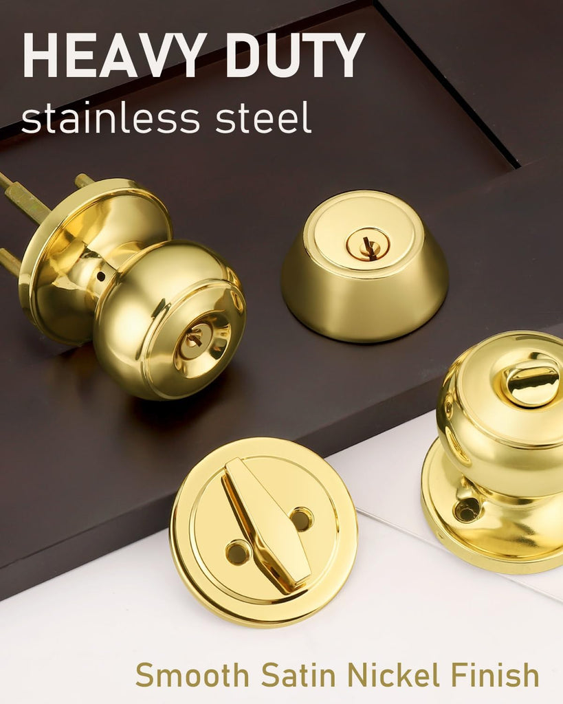 2 Pack Keyed Alike Front Door Knob and Deadbolt Set, Entry Door Locksets with Single Cylinder Deadbolt, Polished