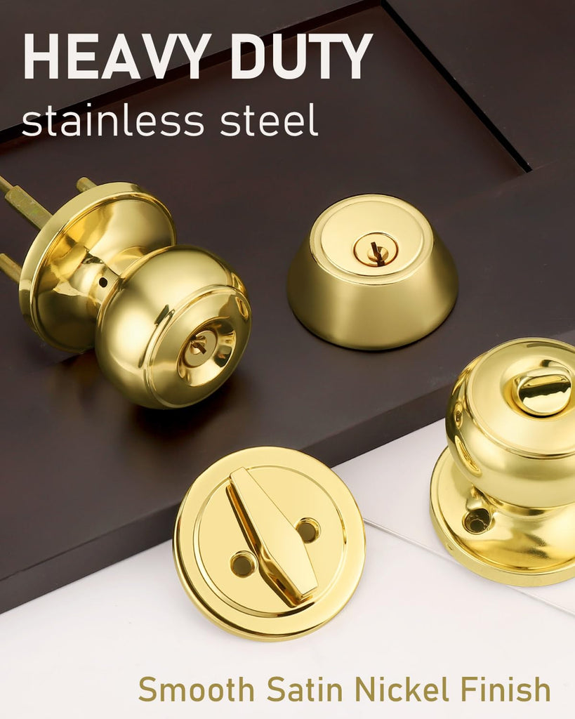 1 Pack Keyed Alike Front Door Knob and Deadbolt Set, Entry Door Locksets with Single Cylinder Deadbolt, Polished