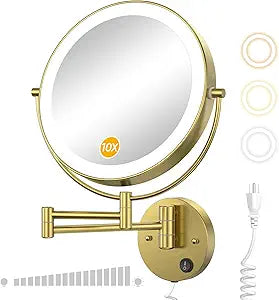 9” Wall Mounted Lighted Magnifying Mirror, 1X/10X Magnification Double-Sided Led Bathroom Mirror, 3 Color Lights &