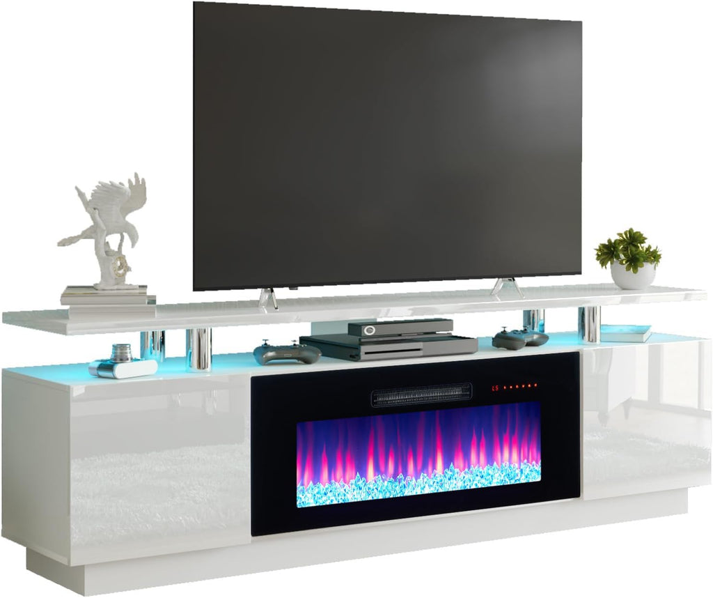 Fireplace TV Stand with 36" Fireplace, 70" Modern Fireplace Entertainment Center LED Lights, 2 Tier TV Console