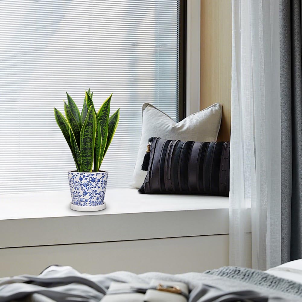 Fake Plants 15.7" Artificial Snake Plant Faux Plants in Blue and White Pot Tropical Sansevieria Silk Plant Fake